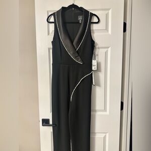 Adrianna Papell Elegant Black Jumpsuit with Pearl Detailing NWT